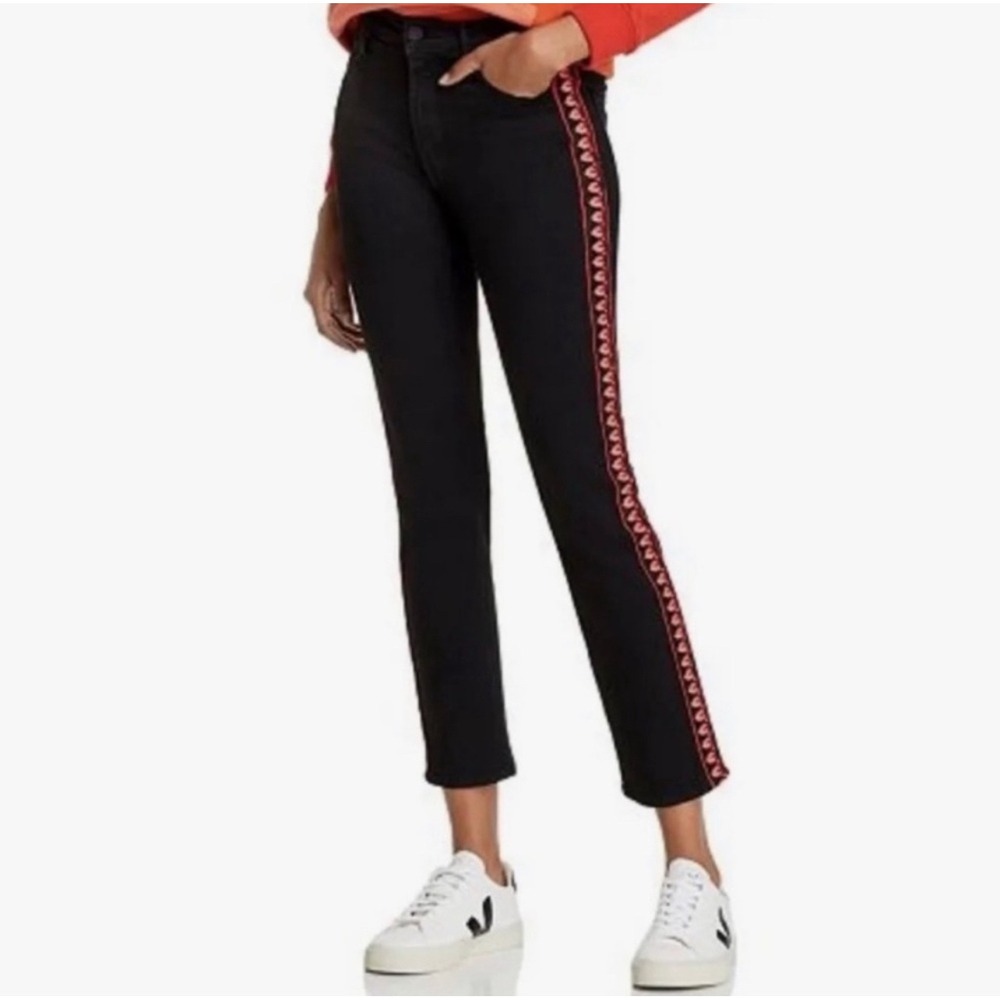 Mother The Mid Rise Dazzler Ankle Up In Flames Embroidered Stripe Jeans Black 30